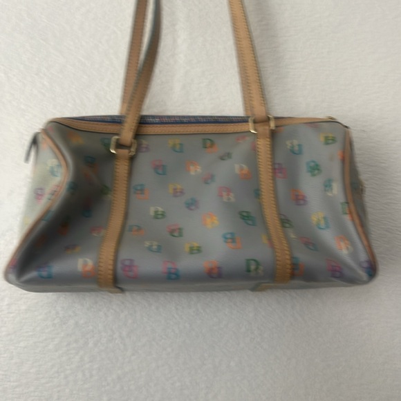 Dooney & Bourke Blue Tan Shoulder Bag with Monogram Pattern Barrel Vintage Y2K - Picture 7 of 11
